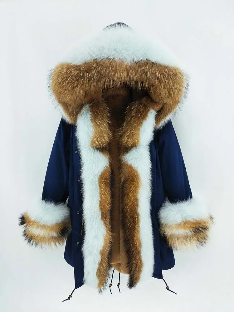 blue 1 Зимняя куртка, Женское пальто из натурального меха енота, воротник из лисьего меха, капюшон с манжетами, Толстая теплая верхняя одежда, новая длинная парка - Цвет: blue 1