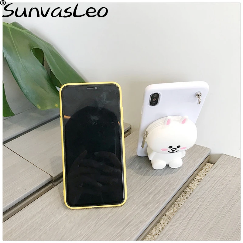 For iPhone 6 6s 7 8 Plus X XS XR XS Max 3D Purse Cute 3D Cartoon Animal Soft Silicone Case Wallet Cover With Strape Phone Cover