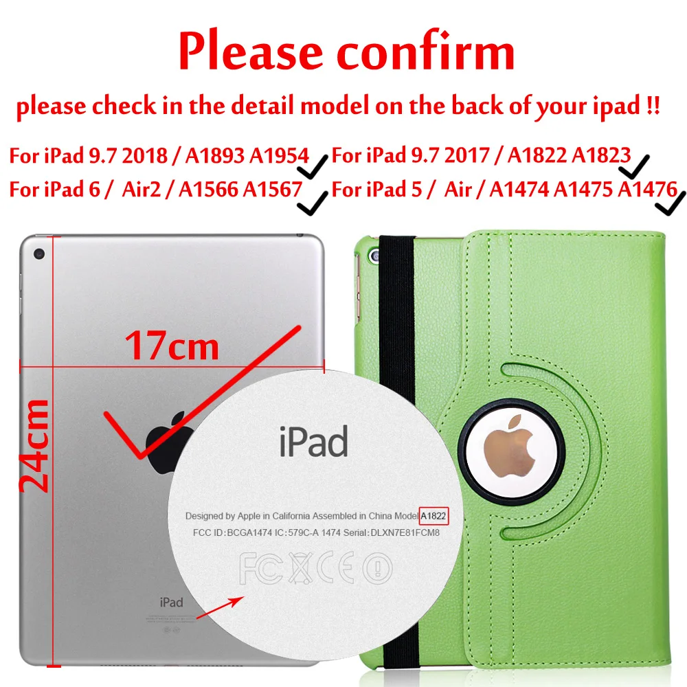 Green Чехол для iPad 9,7,,, Чехол для iPad Air 2, Air 1, чехол, 5, 6, 5, 6, 6 поколение, чехол, вращающийся на 360 градусов, кожаный смарт-чехол - Цвет: Green