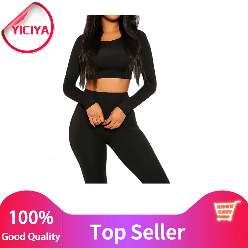 

YICIYA In Autumn 2 piece set Women's long-sleeved tights seven-minute trousers motorcycle sportswear leisure sportswear