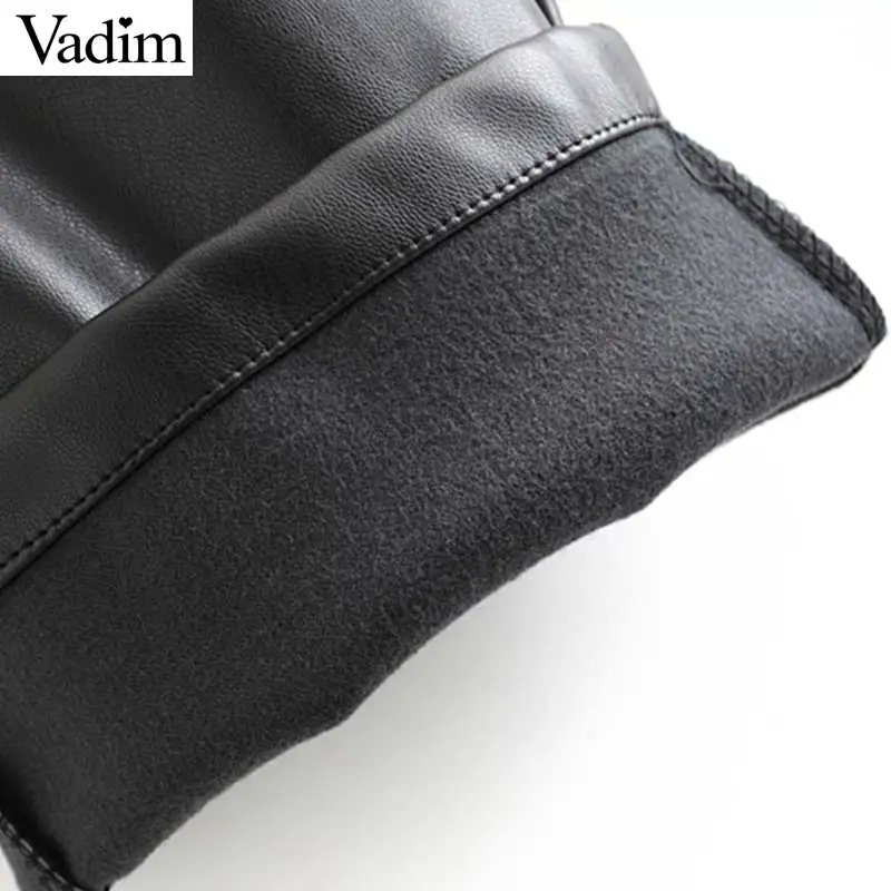 Vadim, женские шикарные однотонные штаны из искусственной кожи, на молнии, с карманами в Европейском стиле, женские черные длинные штаны KB188