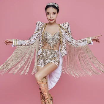 

Nightclub Women Leading Dancer Costume Bar Singer Star Concert Performance Clothes Sparkly Rhinestones Bikini Tassels Coat Sets