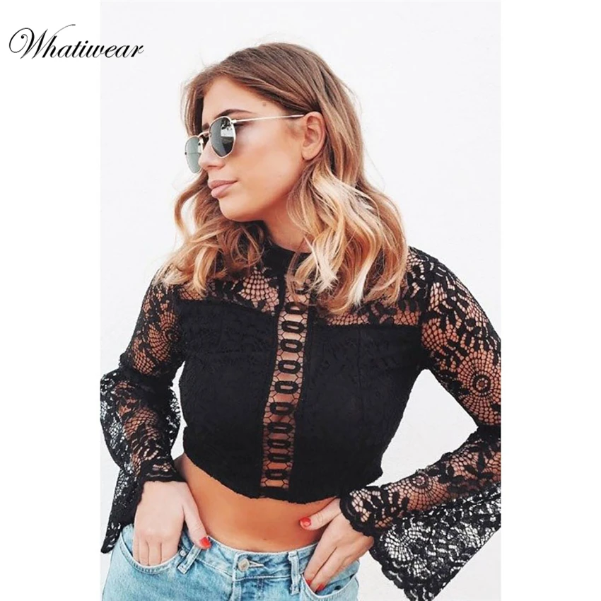 Whatiwear Осенняя Женская кружевная уличная одежда кроп-топ сексуальная Перспектива с расклешенными рукавами тонкие женские топы с бюстгальтером без косточек жилет камзол женские топики