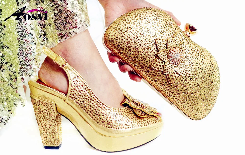 

Fashion gold 4 inches lady shoes and bag matching set newest nigeria gold lace dress party matching shoes bag SB8456-1