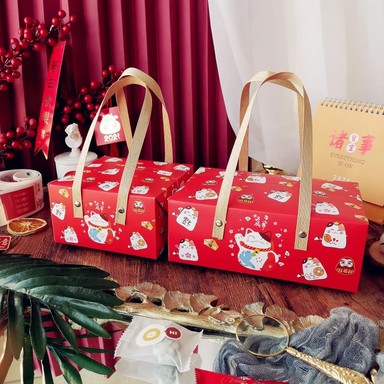 10PCS Happy lucky Cat Portable Paper Box Baking Tea Box Red Leather Handle box Wedding birthday gift holiday packaging Handbag 10PCS Happy lucky Cat Portable Paper Box Baking Tea Box Red Leather Handle box Wedding birthday gift holiday packaging Handbag