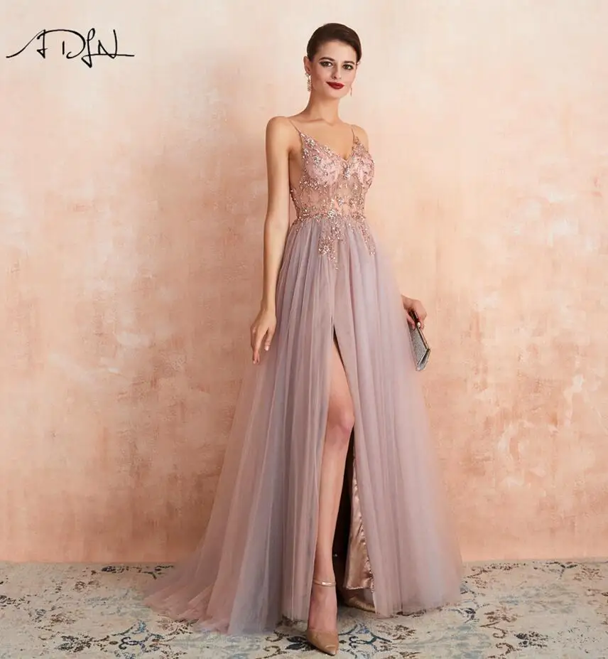 picture color ADLN новинка Vestido de festa longo сексуальные длинные вечерние платья Глубокий v-образный вырез боковые разрезы бусины Кристалл Вечерние платья выпускного вечера - Цвет: picture color