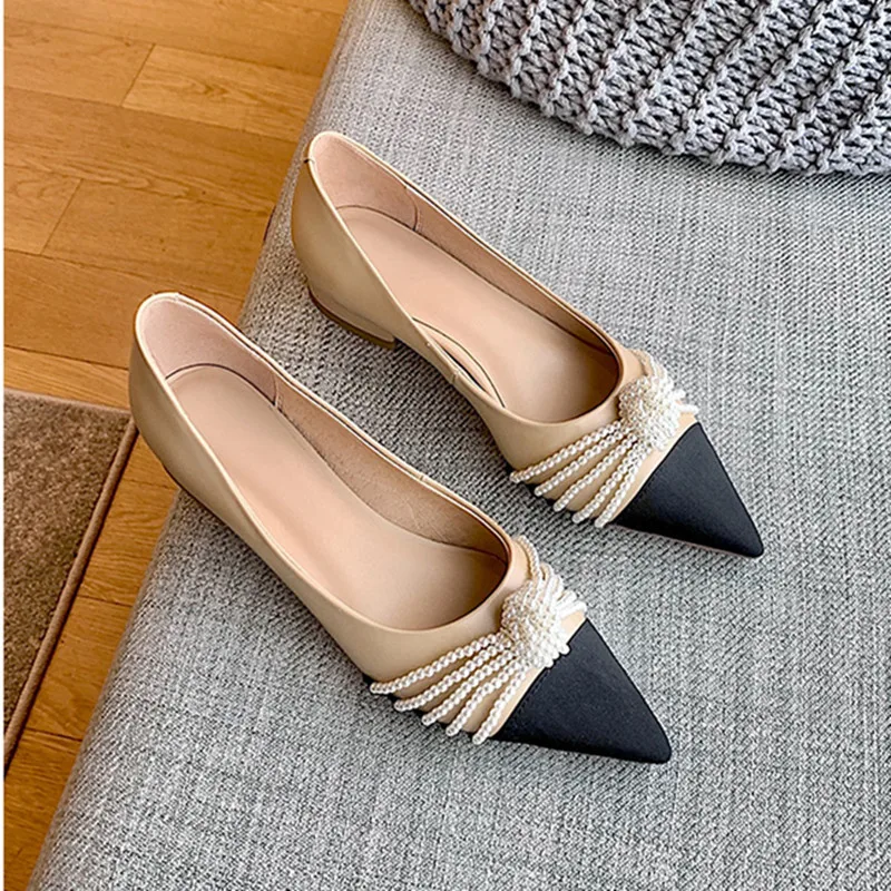 Fashion Flat Shoes Women 2021 Spring New Pearl Bow Pointed Toe Womens Shoes Black Flats Large Size Ladies Shoes Zapatos Mujer
