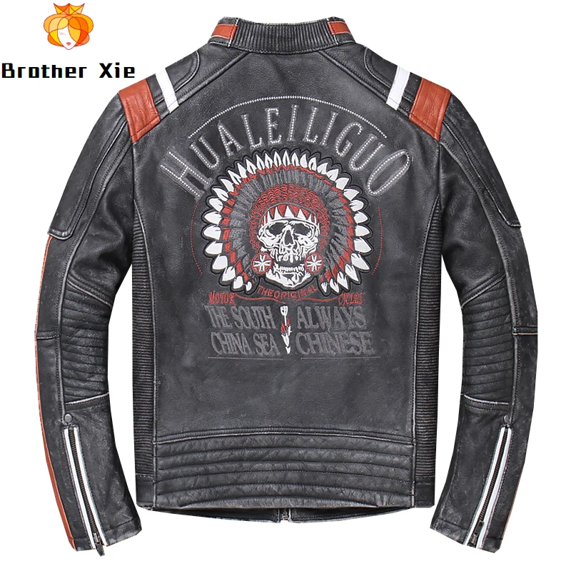 

2020 Vintage Men's Genuine Leather Jackets Skull Embroidery Motorcycle Leather Jackets Cow Leather Slim fit Coat for Male