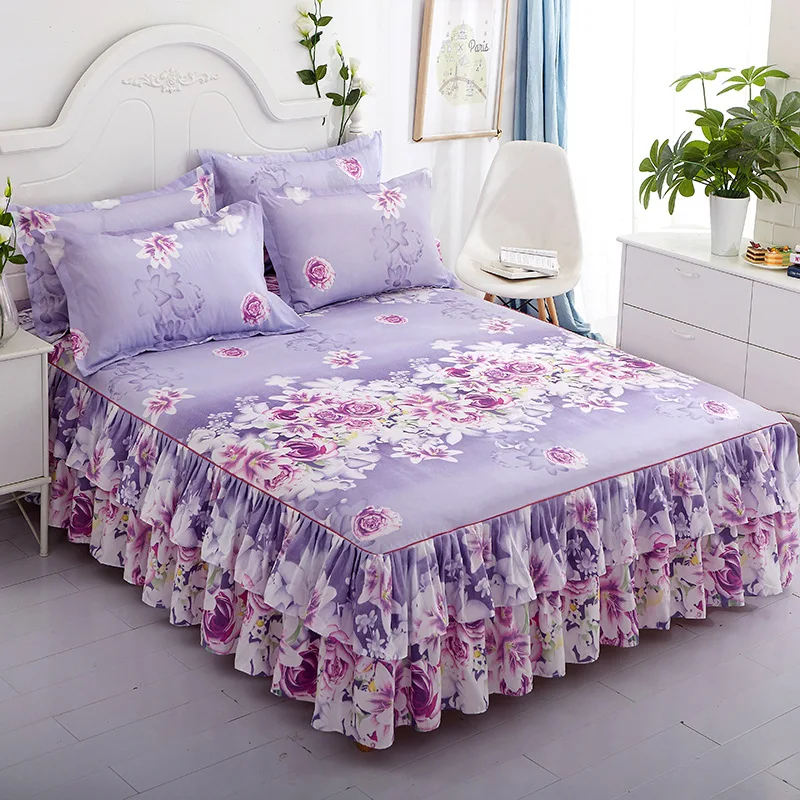 

3Pcs Flower Ruffled Bedskirt With Pillowcases Wedding Lace Bedspread With Skirt For Bed Twin Queen King Sheet Cover