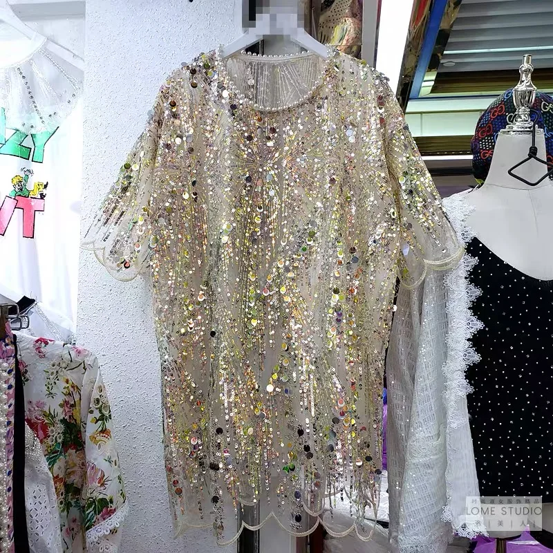 

IHOBBY Women Summer Sequined Party BlingBling T Shirt New Fashion Round Collar Short Sleeve Mini Dress Femme Shiny Club Tops