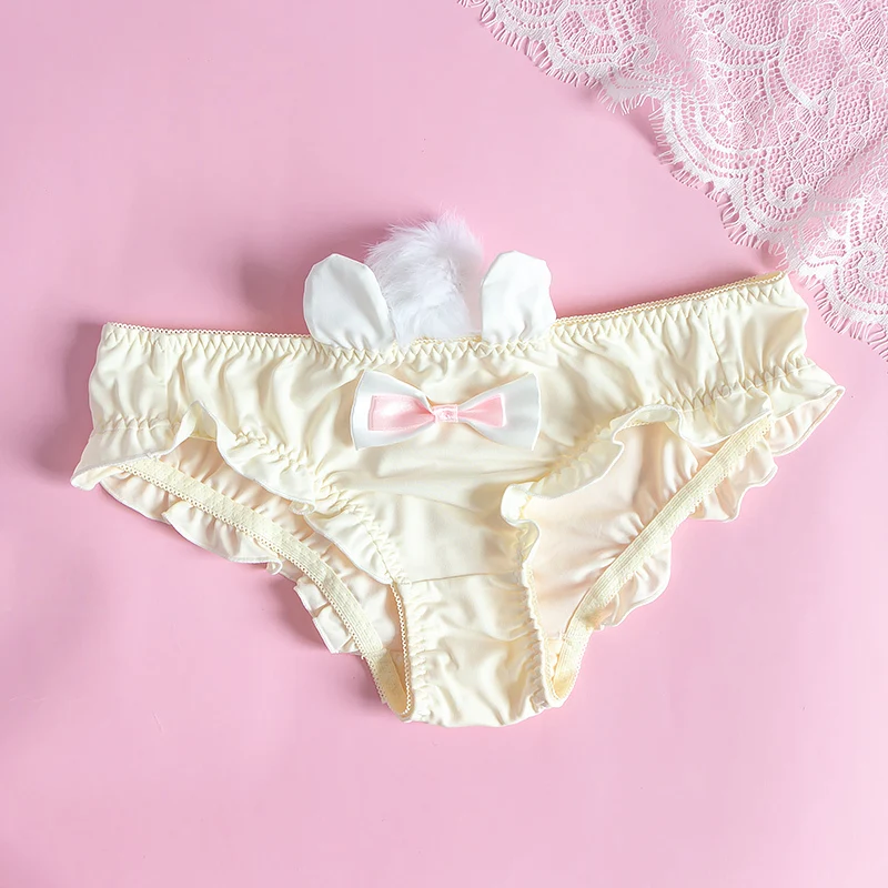 Милые Kawaii Лолита Кролик стерео ушки с бантом помпон гофрированные трусики нижнее белье короткие сексуальные японские сексуальные девушки-подростка - Цвет: Бежевый