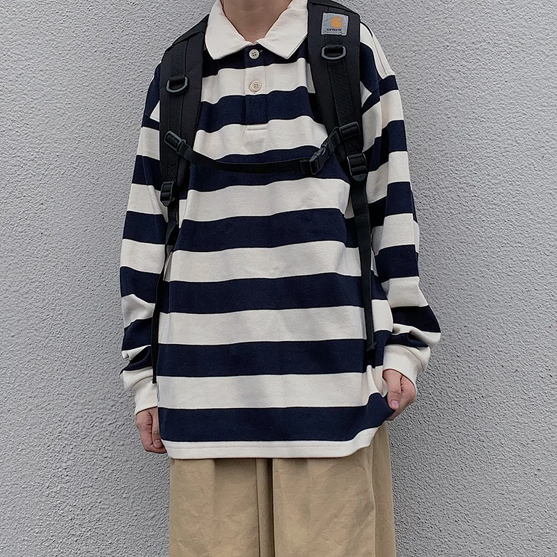 Japanese Retro Autumn Striped Polo 