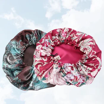 

2pcs Nightcaps Printing Drawstring Satin Large Sleeping Cap Mobcap for Women