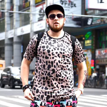 

GONTHWID Summer new men's plus fat size T-shirt fat leopard round neck short sleeve clothing