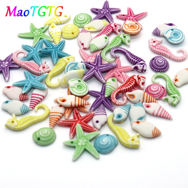 

20pcs/lot Colorful Starfish Seahorse Conch Acrylic Charms For Jewelry Making DIY Necklace Multicolor Mixed Packaging Wholesale