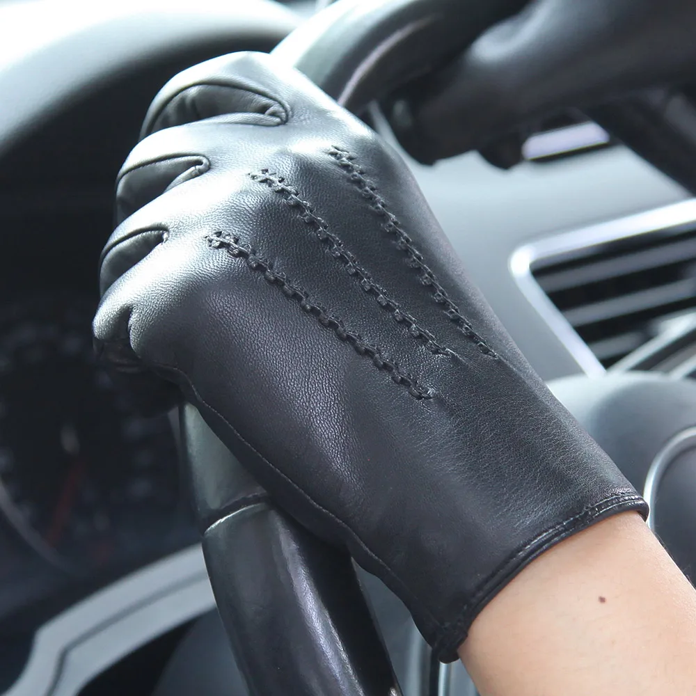 Real Leather Gloves Male Autumn Winter Thermal Lined Fashion Simple Black Windproof Men Sheepskin Driving Gloves 3XL M007NC