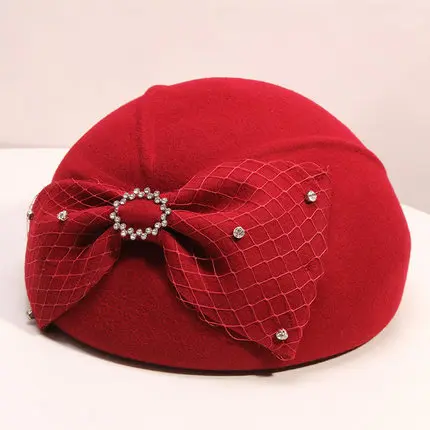 Classic Big Bow Women Beret Cap Rhinestone Fedora Hat Red Camel Grey Elegant Ladies Autumn WInter Pure Wool Stewardess Cap
