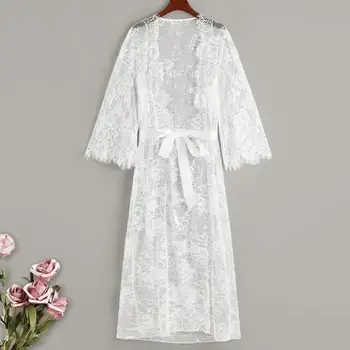 

Women Bridesmaid Robe Bath Floral Eyelash Lace Sheer Robe Long Sleeve Robe With Belt Lingerie Peignoir Mariage #2F13#N