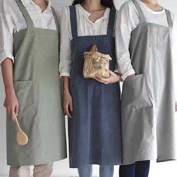 

Cooking Apron Nordic Japanese Style Simple Korean Cotton Line Work Apron Kitchen Flower Shop Anti-dirty Aprons for Women Lady
