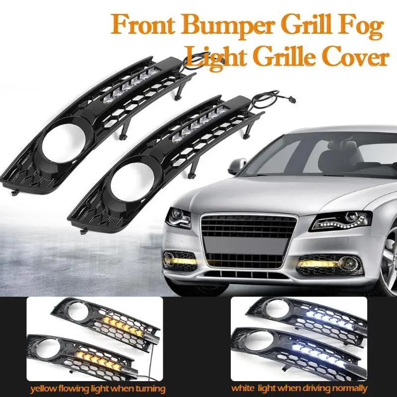 

2Pcs Car Front Fog Light Grille Flowing LED DRL Daytime Running Light Turn Signal Lamp Mesh Cover Grilles for Audi A4 B6 01-05 8