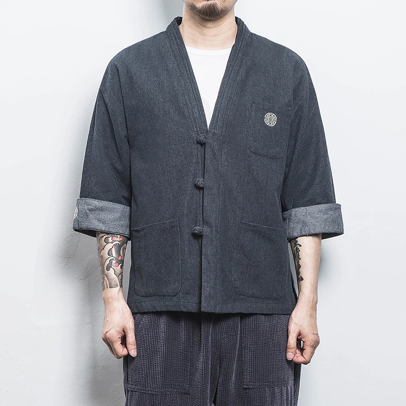 Mens Denim Shirts Summer Men Casual Cardigan Male Chinese Style Shirt Three Quarter Streetwear Open Stitch Shirts Men Dress