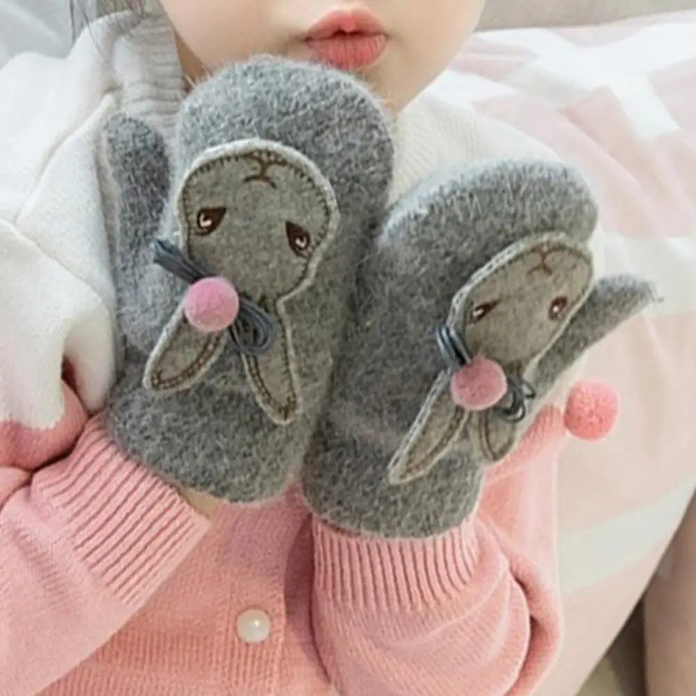 Вязаные Детские перчатки для малышей, зимние уличные перчатки с мультяшными помпоны-кролики, теплые варежки на весь палец, rekawiczki eldiven, подарки