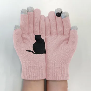 

WEPBEL Winter Women Gloves Kawaii Cat Bird Printing Patchwork Woolen Keep Warm Gloves Fashion Casual Outdoor Sports