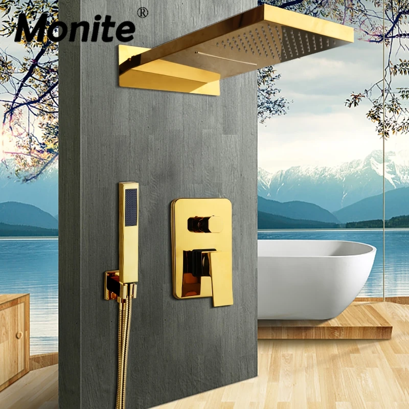 Monite Golden Plated Bathroom Shower Set Rainfall Head Shower Hand Faucet Bathtub Shower Tap 2 Fuction Mixer Shower Set Faucet