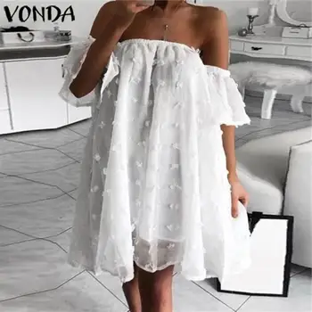 

2020 Off Shoulder Dress VONDA Summer Bohemian Beach Sundress Casual Loose Sexy Lace Party Mini Dresses Plus Size Femme Vestidos