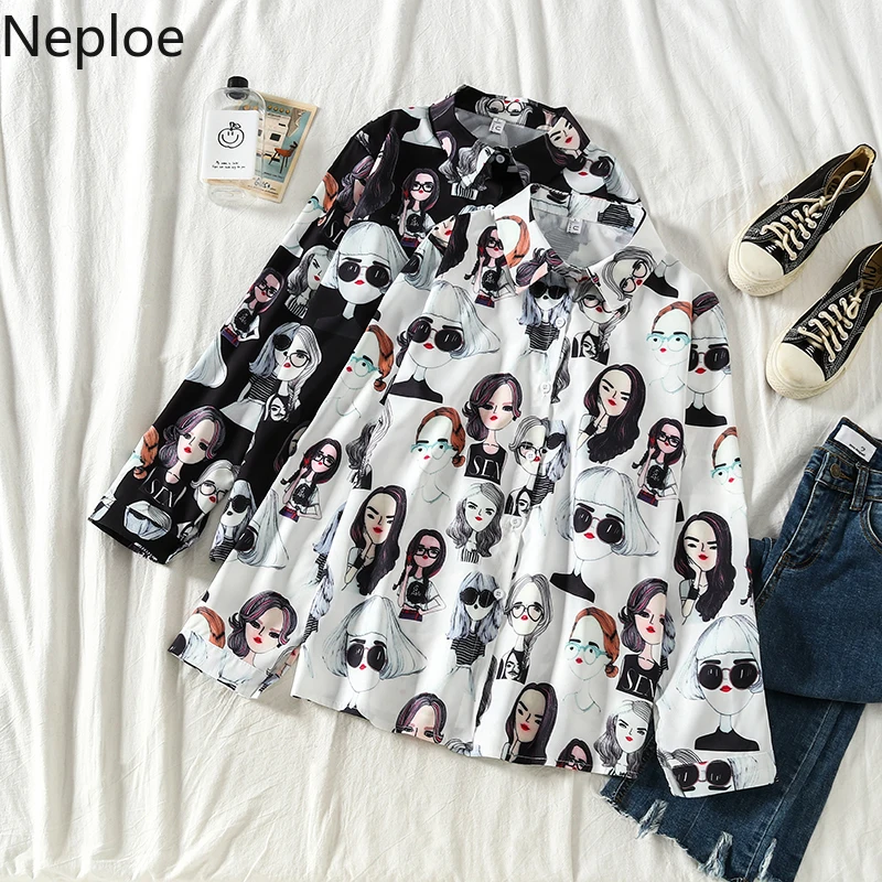 Neploe рубашки с героями мультфильмов для женщин, с принтом персонажей, с длинным рукавом, на пуговицах, блузы с отложным воротником, блузка, топ, Chemisier Femme 56200