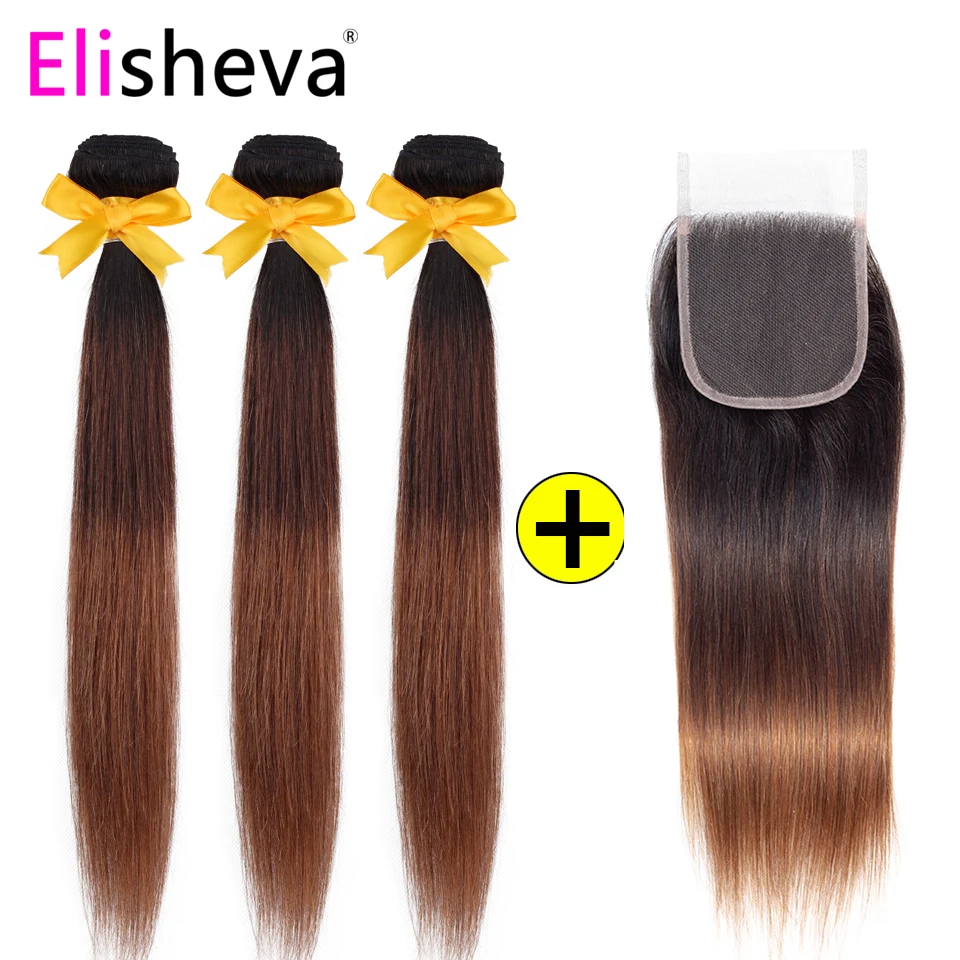 

Elisheva Ombre Bundles with Closure Dyed T1B/4/30 Three Tone Peruvian Straight Hair Remy Colored Human Hair Bundles with Closure