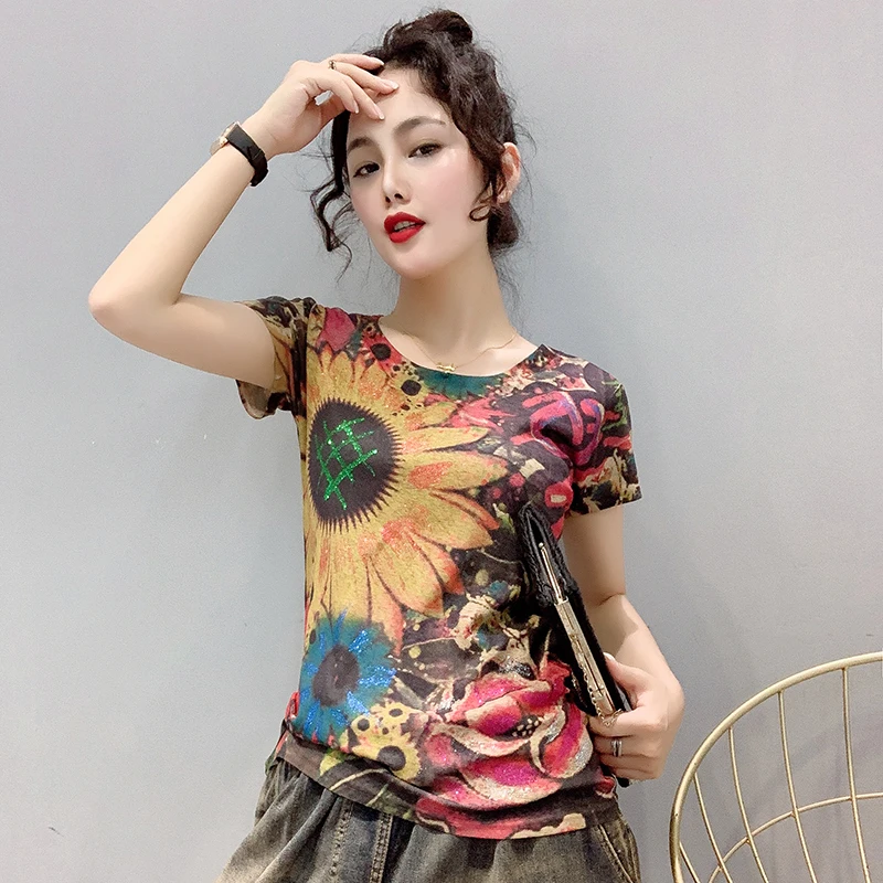 

Women's T-shirts European Goods 2020 Summer New Style Hong Kong Style Personality Bronzing Color Printing Fashion Tshirt Tee Top
