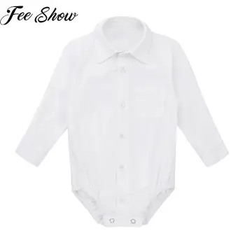 FEESHOW 신사 유아 소년 정장 셔츠, 흰색 신생아 웨딩 파티 옷, 아기 긴팔 바디 점프수트, 아기 롬퍼