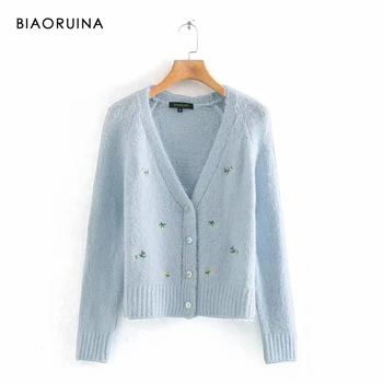 

BIAORUINA Women's Wool Blends Flower Embroidery Light Blue Cardigans Female Sweet Single Breasted V-neck Chic Sweater