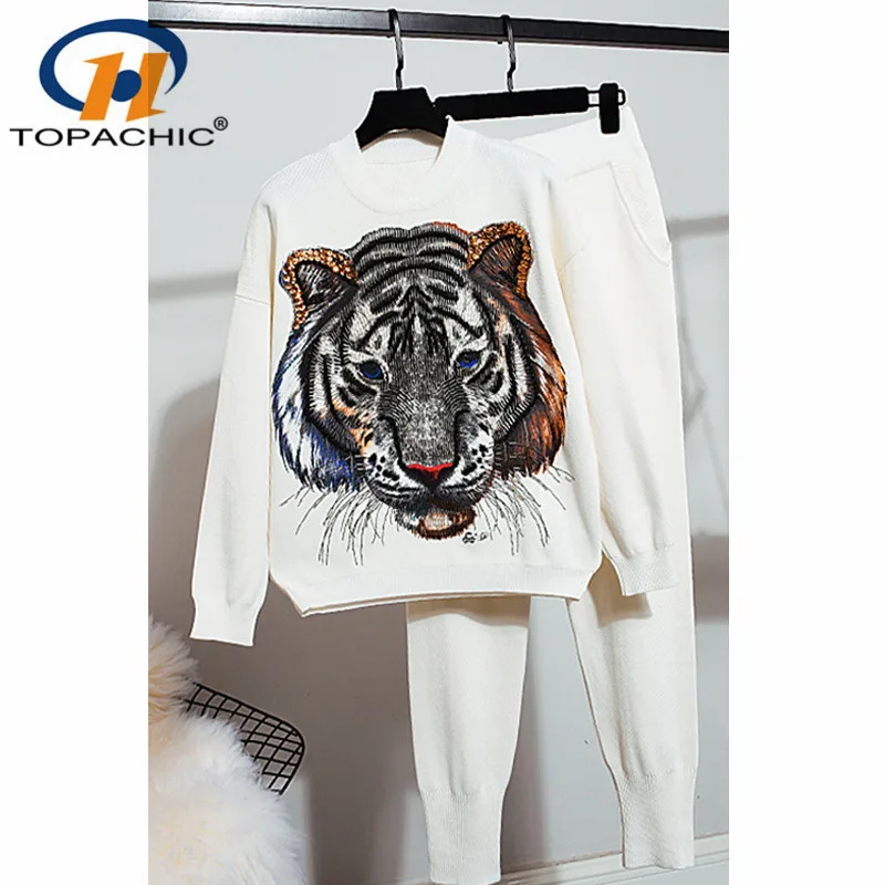 

9.22 2019 Knitwear 2 Piece Suits Spring Autumn New Women Fashion Beading Old tiger Warm Sweater + Loose Trousers Women Knitted sets