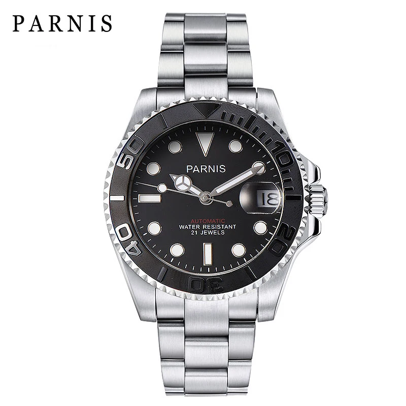 Parnis 40 мм Циферблат Мужские часы Diver Miyota 8215 сапфировое стекло светящиеся автоматические механические мужские часы лучший бренд класса люкс - Цвет: silver steel 2