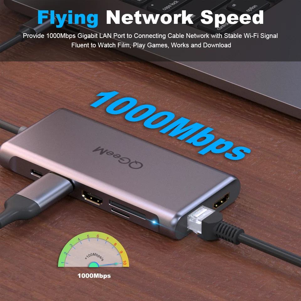 QGeeM USB C Hub for Macbook Pro Triple Display Type C Hub to Dual 4K HDMI & DP Micro SD Card Readers RJ45 Aux PD USB Hub Adapter