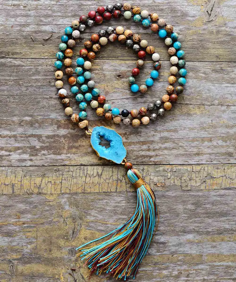 Luxury Necklace Natural Stone Pyrite Gilded Druzy Long Tassel Necklace Women Elegant Necklace Mom Gift Boho Necklace Dropship