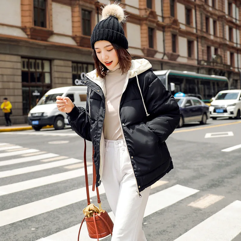 Thick Women Winter Jacket New Women Down Cotton Coat Loose Warm Hooded Patchwork Color Female Outdoor Parkas H005 - Цвет: Black