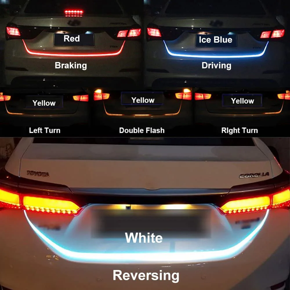 

120cm 4 Color Flow Type LED Strip Tailgate Turning Signal Lights Bar Trunk Strips Lamp Flowing Side Rear Brake Reverse Light