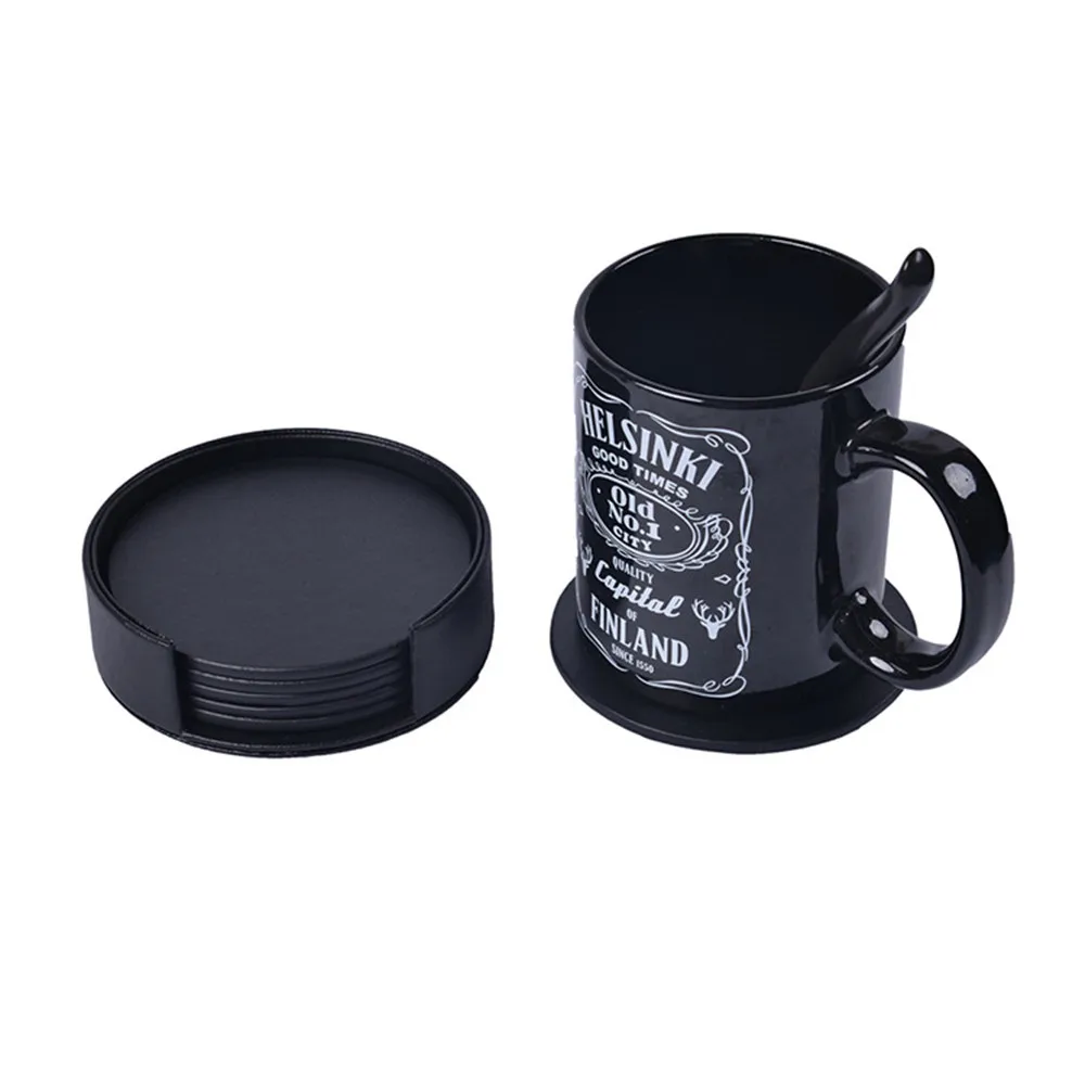 

Creative PU Leather Marble Coaster Drink Coffee Cup Mat Tea Pad Dining Table Placemats Table Black White Chic Decoration 6PCS #