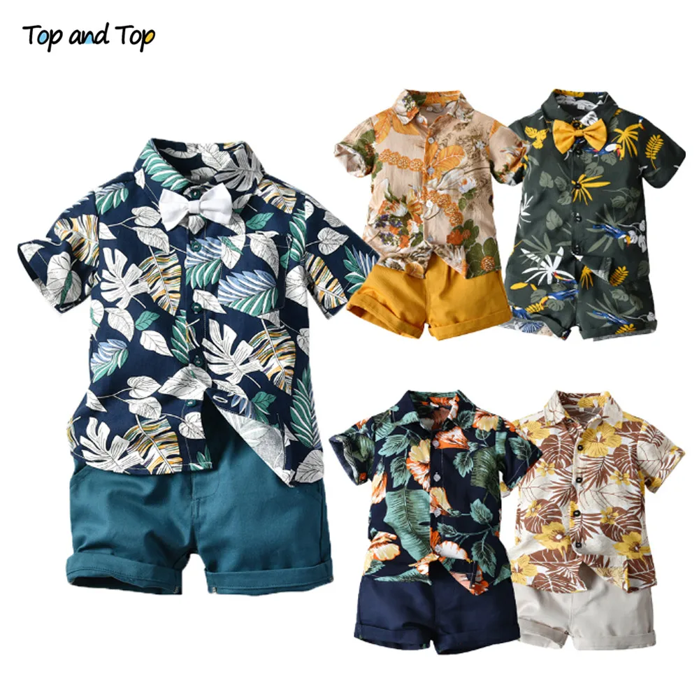 Top and Hawai Boy Clothing Set Summer Fashion Floral Short Sleeve Bowtie Shirt+Shorts Casual Clothes Gentleman 2Pcs Suit |