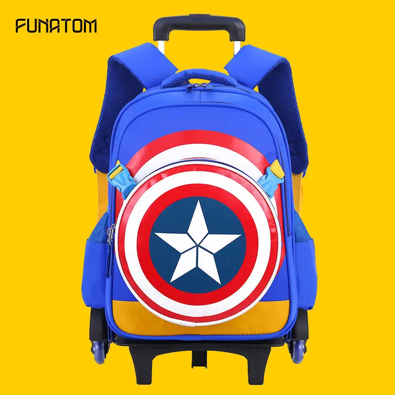 

New Arrival Cartoon Captain Removable Children School Bags With 2/6 Wheels Backpacks Boys Trolley Schoolbag Wheeled Backpack