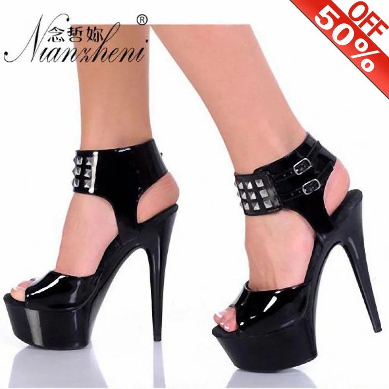 

Sexy Black Patent leather Open Toe Buckle strap 15cm High heeled shoes 6 inches Fashion Female Models Party Dress Nightclub Show