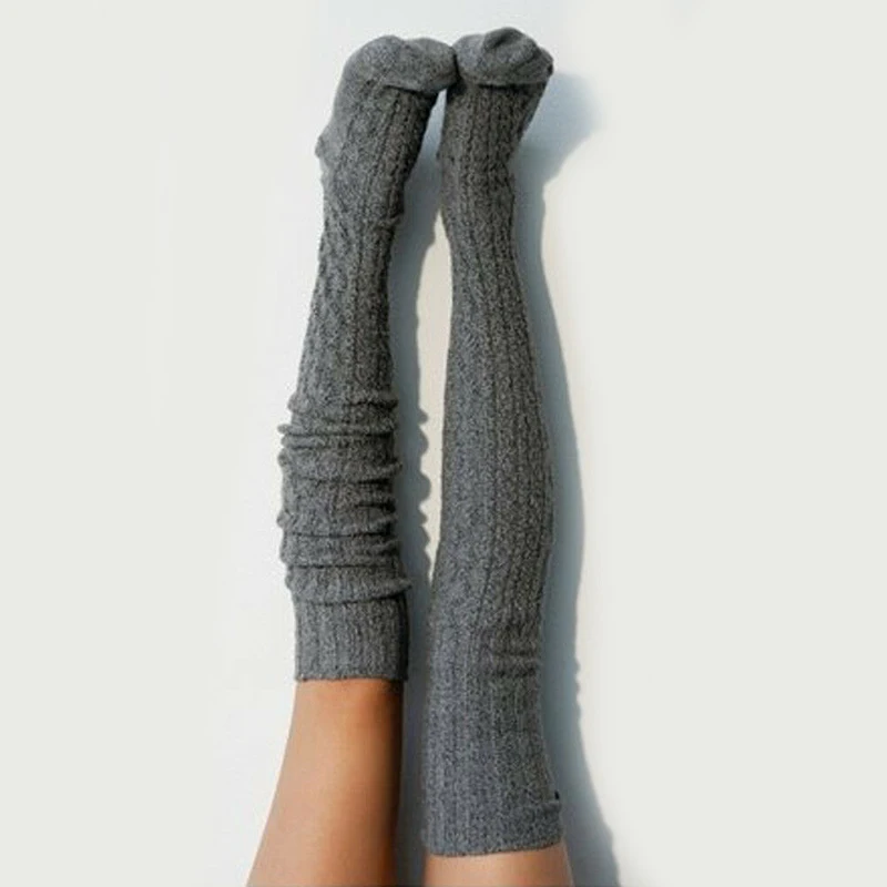 Light gray Женские вязаные длинные чулки для девочек; зимние теплые высокие ботинки выше колена с кабелем; высокие однотонные Вязаные кружевные чулки; Новинка года - Цвет: Light gray