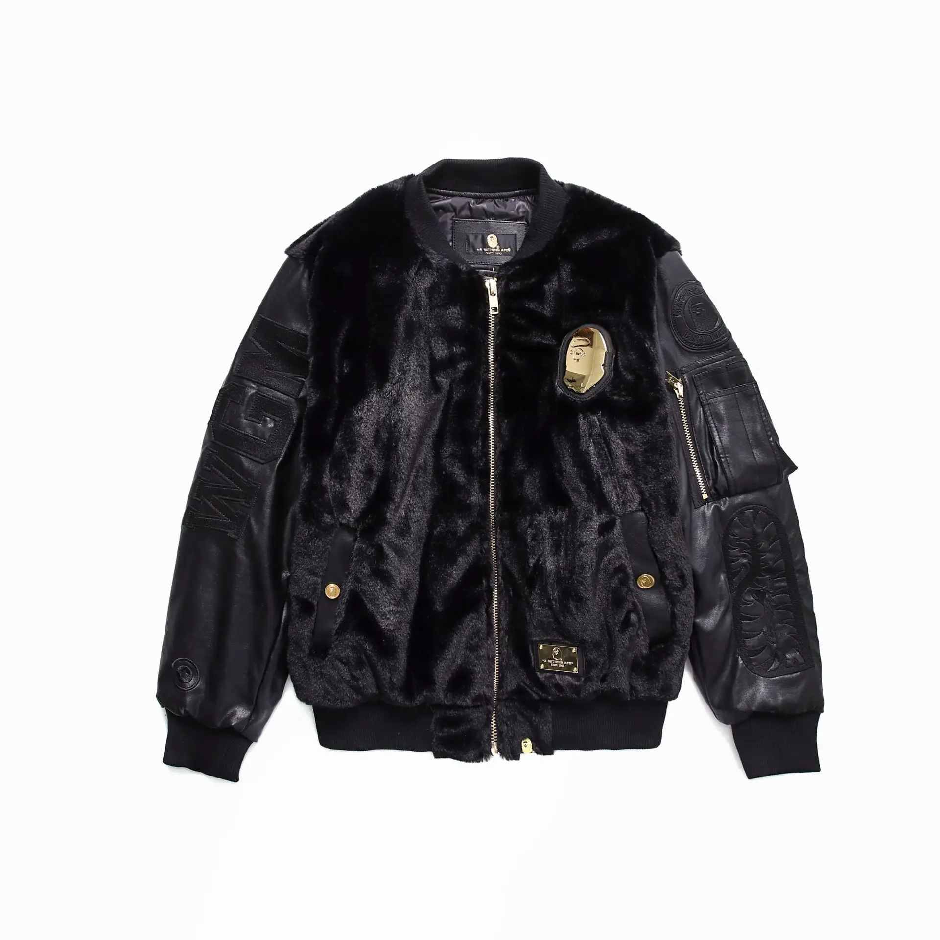 

2019 Winter New Style Men's PU Leather Jacket Black and Gold Series Shark Embroidered Plush Punk Jacket Christmas Streetwear