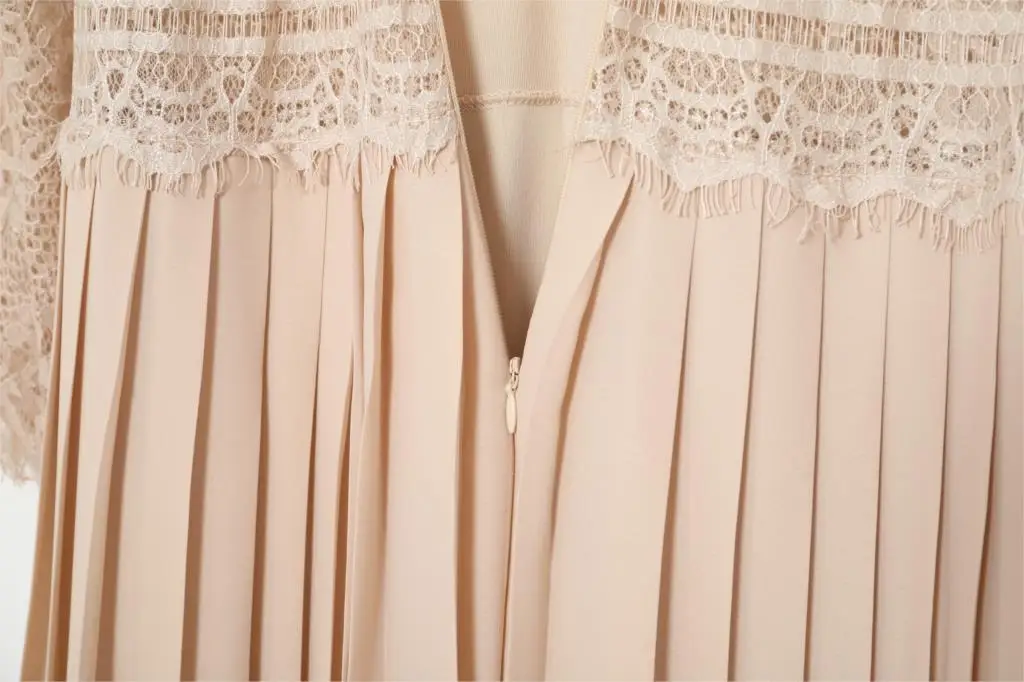 Kiyumi кружевное платье женское дизайн испанский Vestidos o-образный вырез лоскутное шифоновые платья плиссе одноцветное бежевое милое женское платье