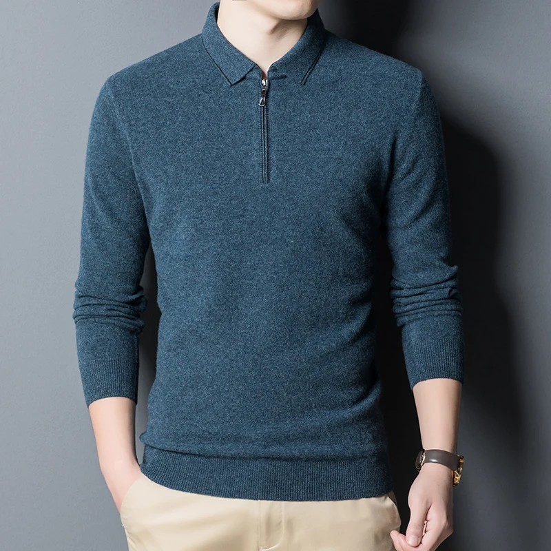 

2020 Autumn Winter Authentic Cashmere Sweater Men's Wool Turn Down Collar Long-sleeved Knit Pullover Man Bottoming Sweaters