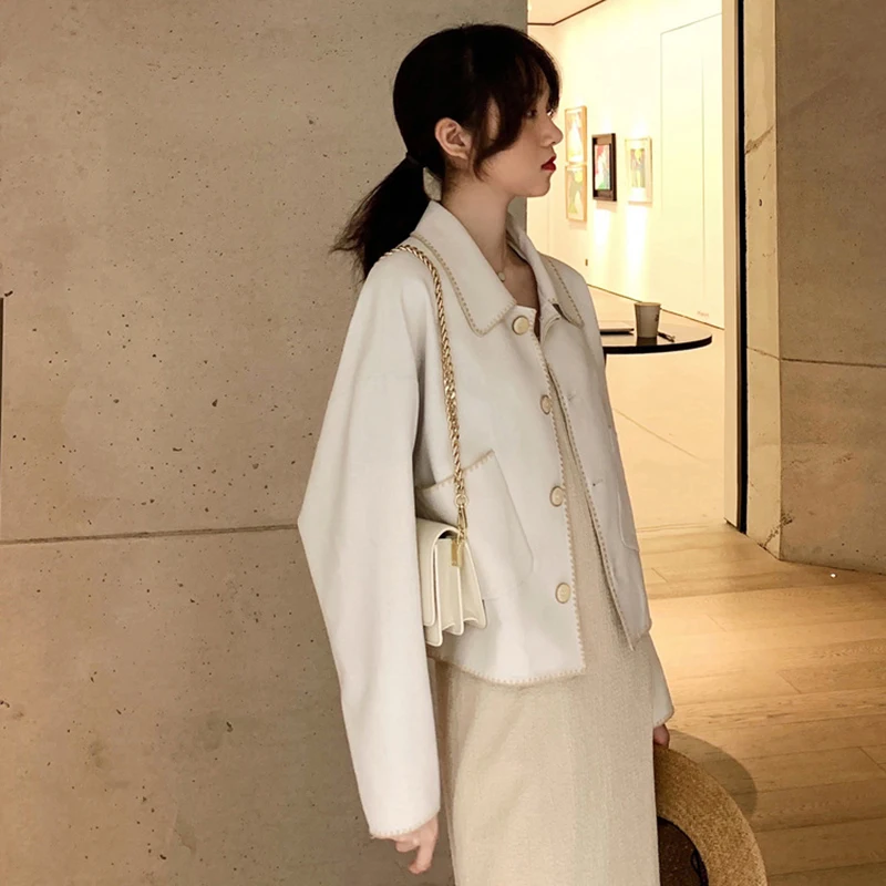 Wool Blends Women Solid Chic Single Breasted Pockets Kawaii Short Jacket Casual All-match Thick Coat Womens Elegant Woolen Coats