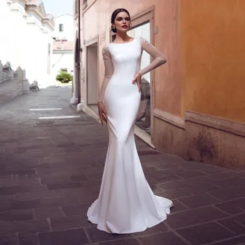 

Thinyfull Elegant Satin Mermaid Wedding Dresses Long Sleeve O Neck Bride Dresses Lace Appliques Floor Length Bridal Gown 2020
